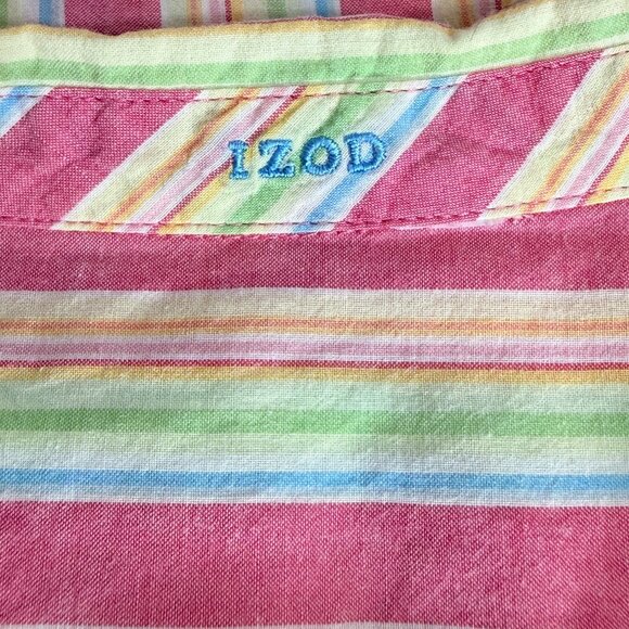 IZOD Button-Down Shirt Womens Pink Multicolor Striped Cotton Short Sleeve - Picture 3 of 6